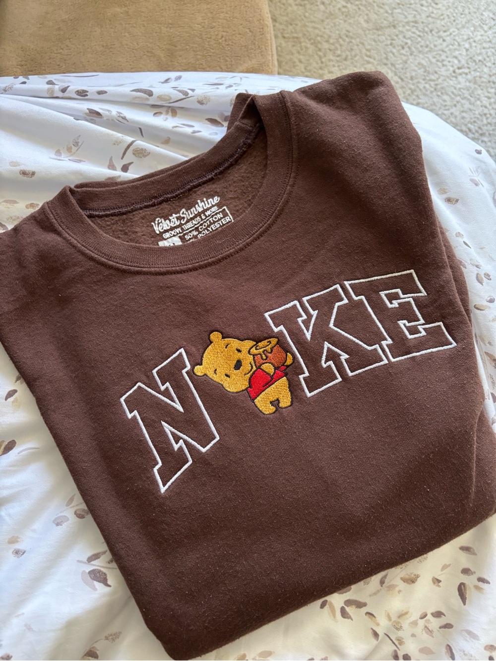 Velvet Sunshine Crewneck w/ Winnie the Pooh Embroidery and “Nike” Logo - Brown